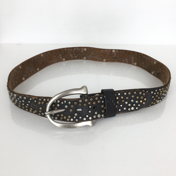 Brown Genuine Leather Belt Mixed Metal Studs Silver Tone Buckle Women’s Size L - Picture 5 of 10